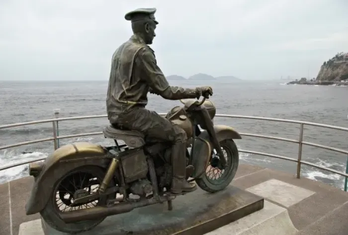 Framed Print : North America, Mexico, Mazatlan. Motorcycle Monument near Punta