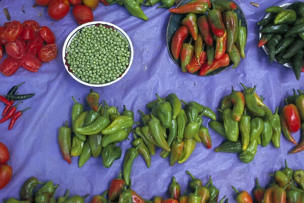 North America, Mexico, Oaxaca, Ocotlan Chiles and peas for sale at market