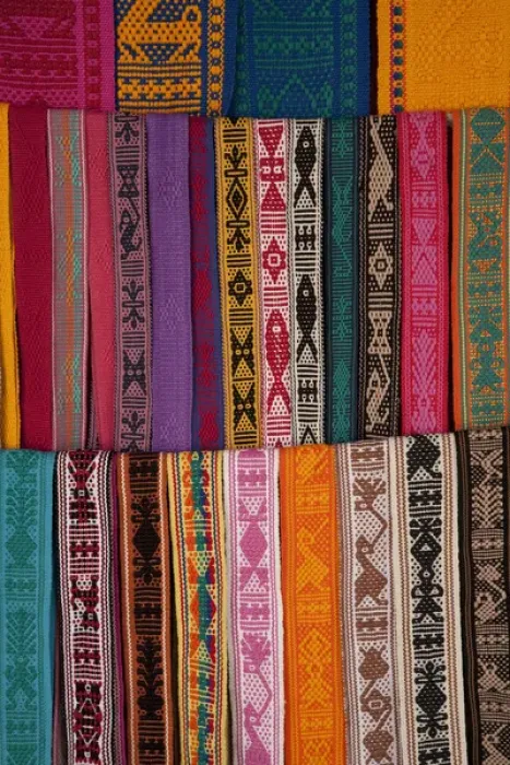 Framed Print : North America, Mexico, Oaxaca Province, Oaxaca, woven belts on display at market