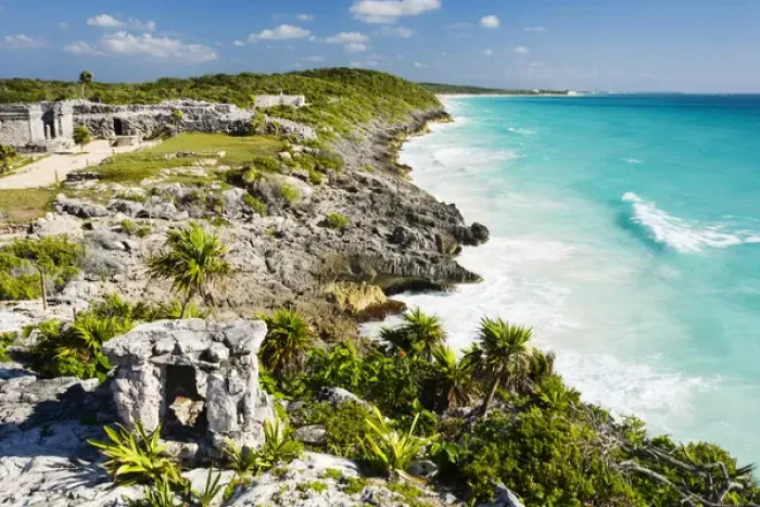 Framed Print : North America, Mexico, Quintana Roo, Tulum. A view from the main temple of the Tulum ruins