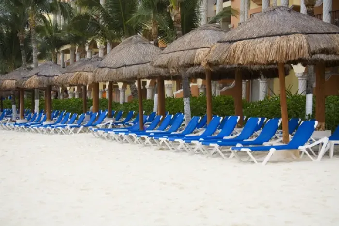 Framed Print : North America, Mexico, Quintana Roo, Playa de Carmen. A row of lounging chairs