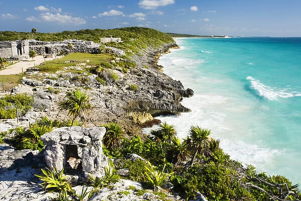 North America, Mexico, Quintana Roo, Tulum. A view from the main temple of the Tulum ruins