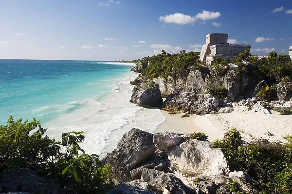North America, Mexico, Quintana Roo, Tulum. Main temple at Tulum ruins against the Caribbean Sea