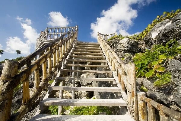 North America, Mexico, Quintana Roo, Tulum. The stairs leading from the beach up to the Tulum ruins