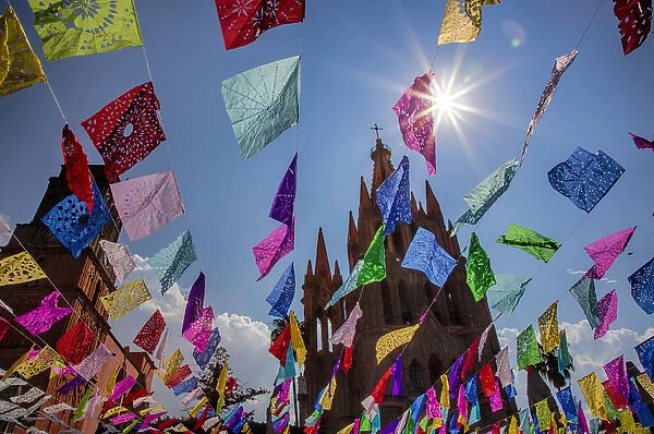 North America; Mexico; San Migel de Allende; Flags flying for the Day of the Dead celabration
