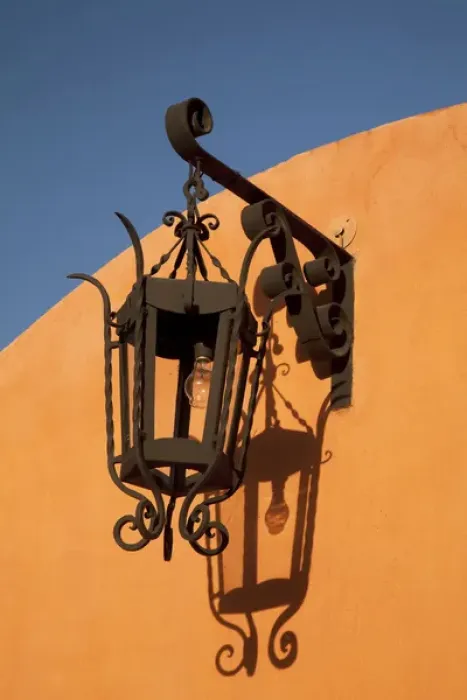 Framed Print : North America, Mexico, San Miguel de Allende, wrought-iron street lamp and its shadow on orange wall