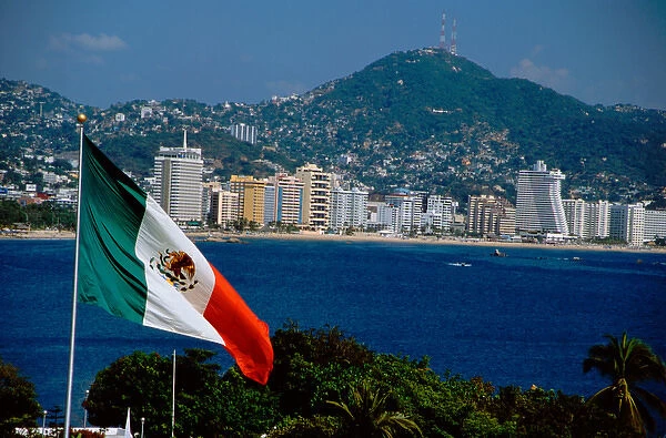 North America, Mexico, State of Guerrero, Acapulco, Acapulco Bay. Mexico flag