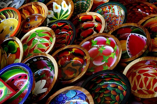 North America, Mexico, State of Guerrero, Acapulco. Colorful wooden bowls handpainted