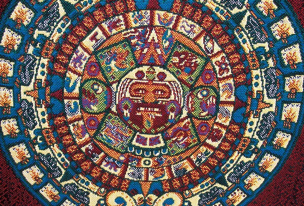 North America, Mexico, Teotihuacan, souvenir blanket with colorful Aztec calendar design