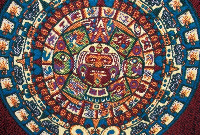 Framed Print : North America, Mexico, Teotihuacan, souvenir blanket with colorful Aztec calendar design