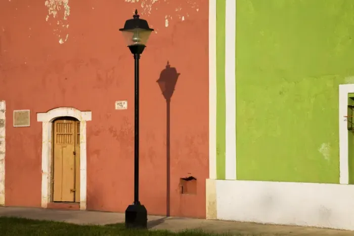 Framed Print : North America, Mexico, Yucatan, Valladolid. Lamppost and doorway in the town of