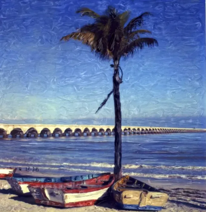 Framed Print : North America, Mexico, Yucatan, Progresso. Rowboats and palm tree and Progresso pier Framed Print : North America, Mexico, Yucatan, Progresso. Rowboats and palm tree and Progresso pier