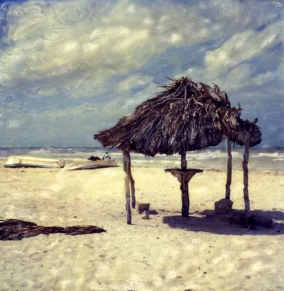 North America, Mexico, Yucatan, Caribbean, Sisal. Palm shelter at Caribbean beach
