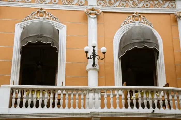Framed Print : North America, Mexico, Yucatan, Merida. The outside eating balcony of a restaurant in downtown Merida