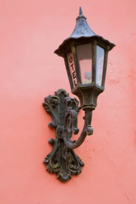Framed Print : North America, Mexico, Yucatan, Merida. Hotel lamppost on a pink exterior wall