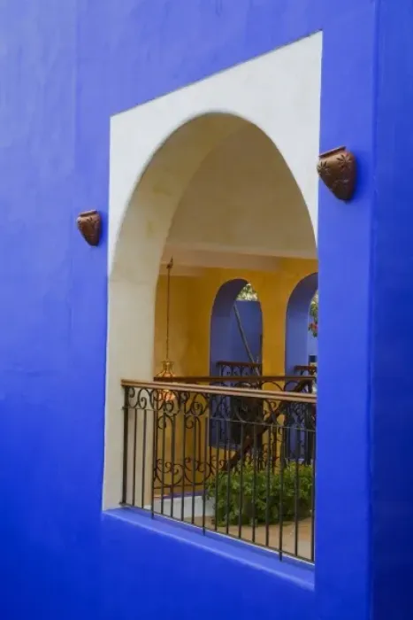 Framed Print : North America, Mexico, Yucatan, Merida. Colorful walls of the upper floor at Hotel MedioMundo