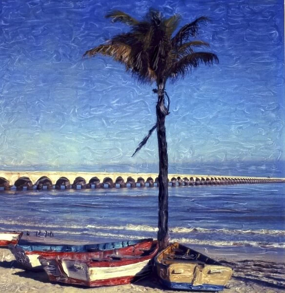 North America, Mexico, Yucatan, Progresso. Rowboats and palm tree and Progresso pier
