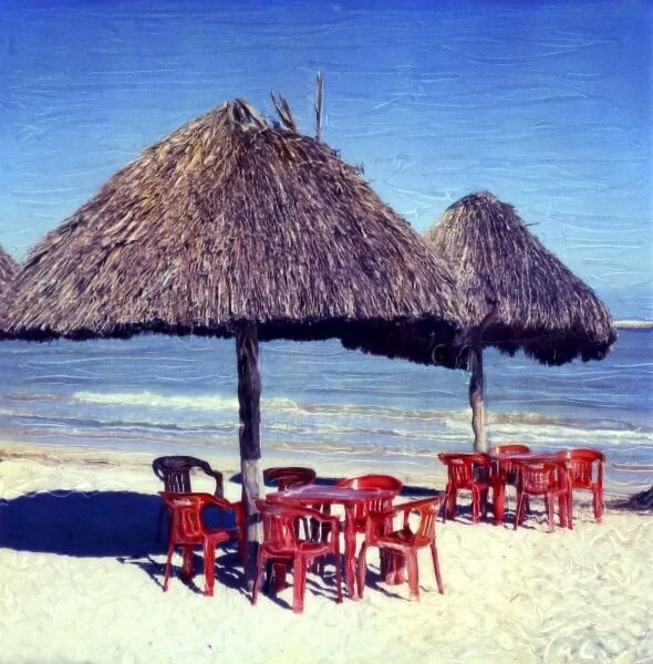 North America, Mexico, Yucatan, Progresso. Palms and chairs on Caribbean beach. Polaroid