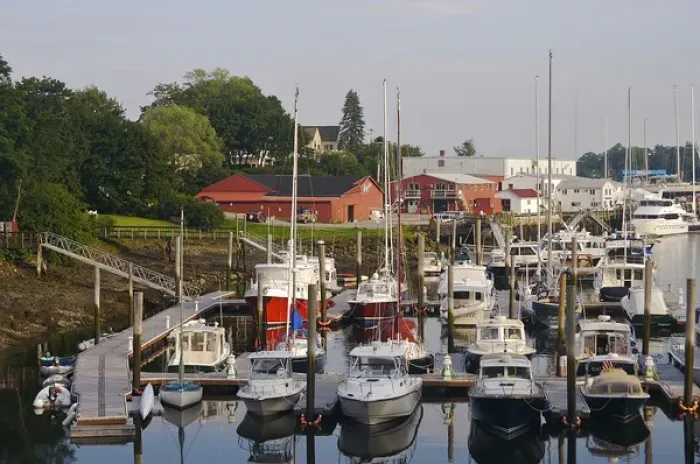 Framed Print : North America, United States, Maine, Camden. Boats lined up at docks in Camden s
