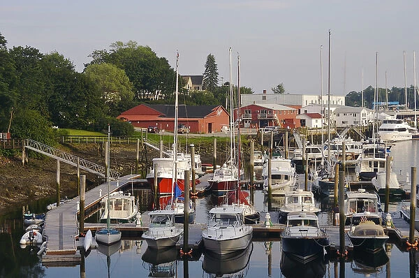 North America, United States, Maine, Camden. Boats lined up at docks in Camden s