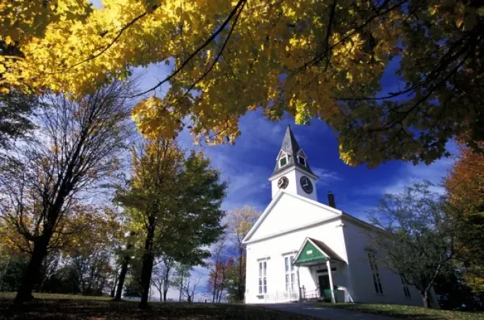Framed Print : North America, United States, Vermont. White church with fall maple trees