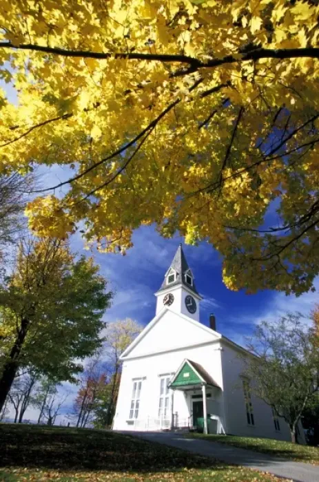 Framed Print : North America, United States, Vermont. White church with fall maple trees
