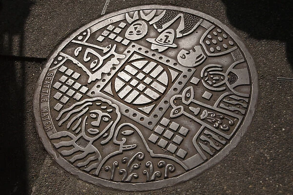 North America, United States, Washington, Seattle, Artistic manhole cover