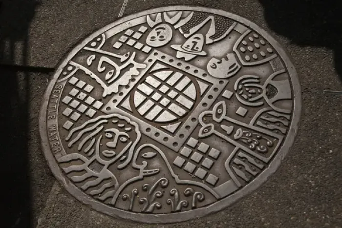 Framed Print : North America, United States, Washington, Seattle, Artistic manhole cover Framed Print : North America, United States, Washington, Seattle, Artistic manhole cover