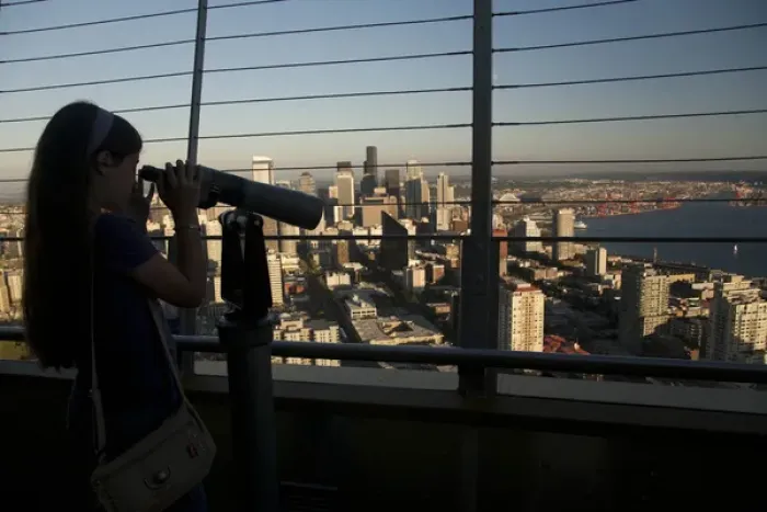 Framed Print : North America, United States, Washington, Seattle, girl with telescope on top of Framed Print : North America, United States, Washington, Seattle, girl with telescope on top of