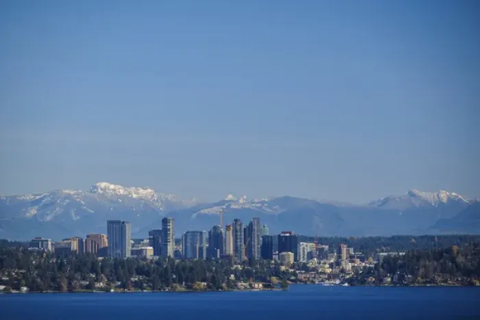 Framed Print : North America, United States, Washington, Bellevue. Bellevue skyline from Lake Washington
