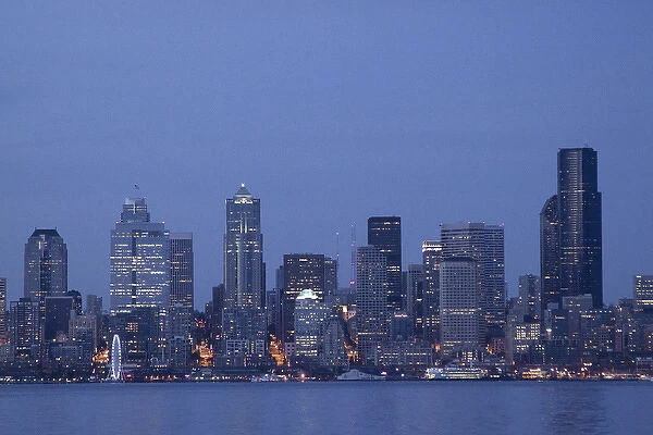North America, United States, Washington, Seattle, downtown skyline and Elliott Bay at dusk