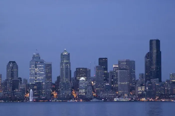 Framed Print : North America, United States, Washington, Seattle, downtown skyline and Elliott Bay at dusk Framed Print : North America, United States, Washington, Seattle, downtown skyline and Elliott Bay at dusk