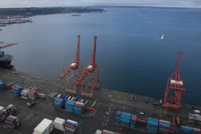 Framed Print : North America, United States, Washington, Seattle, Port of Seattle, aerial view of cranes