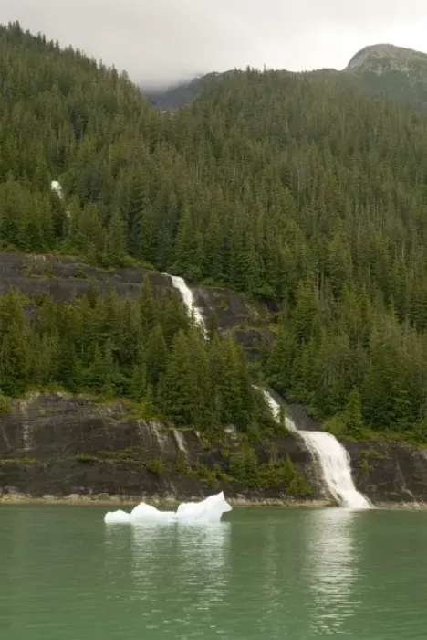 Framed Print : North America, USA, AK, Inside Passage. Waterfall through forest to ocean with ice floe Framed Print : North America, USA, AK, Inside Passage. Waterfall through forest to ocean with ice floe