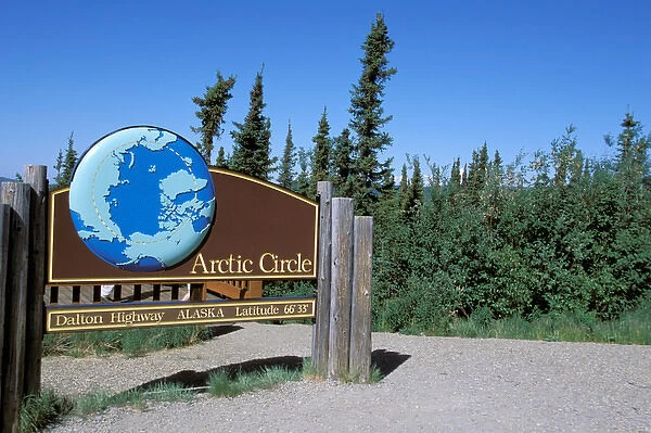North America, USA, Alaska, Arctic Circle. A sign marks the arctic circle on the