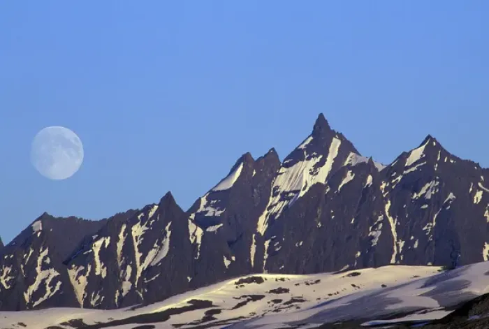 Framed Print : North America, USA, Alaska, Chugach peaks near Valdez, moon rise