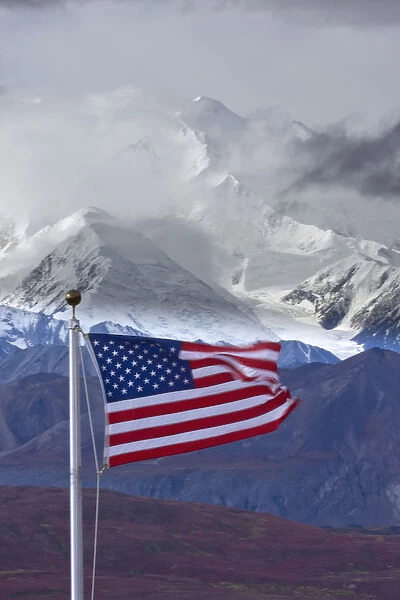 North America, USA, Alaska, Denali National Park, American Flag and Mt. McKinely