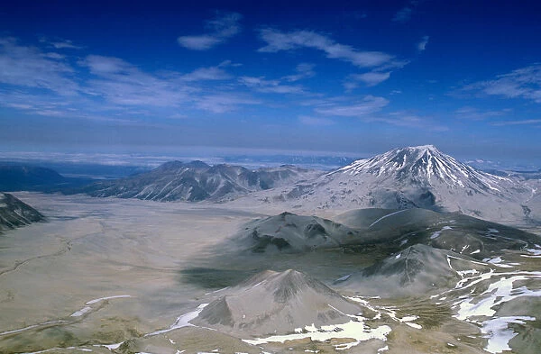 North America, USA, Alaska, Katmai National Park. Mount Griggs rises over the ash
