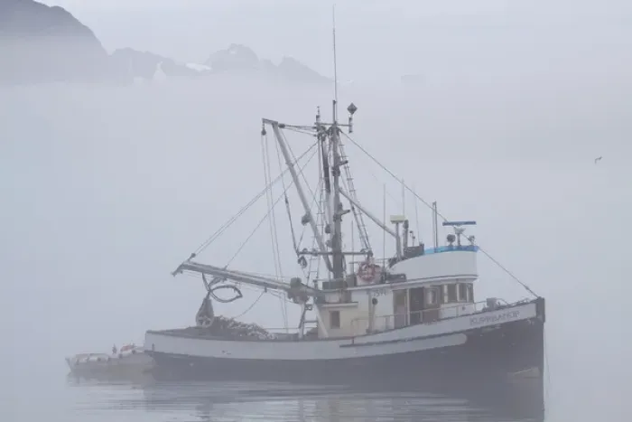 Framed Print : North America; USA; Alaska; Valdez; Fishing Boat in Fog with Mountains in Background