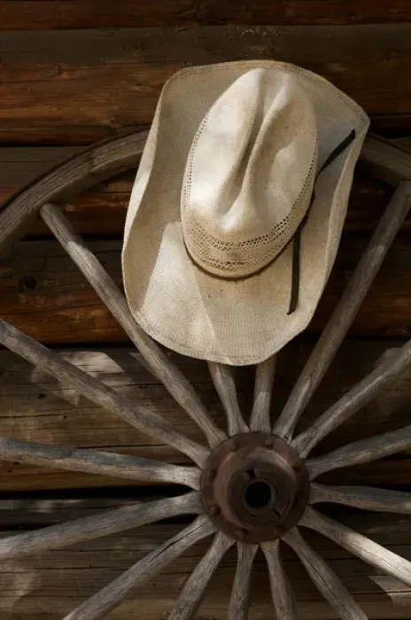 Framed Print : North America, USA, California, Yosemite National Park. Straw hat and a wagon wheel Framed Print : North America, USA, California, Yosemite National Park. Straw hat and a wagon wheel