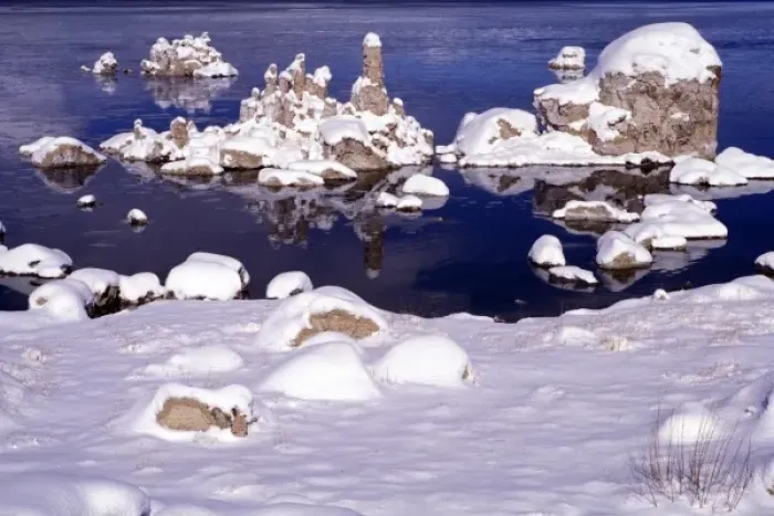 Framed Print : North America, USA, California, Mono Lake. Tufa formation covered in snow