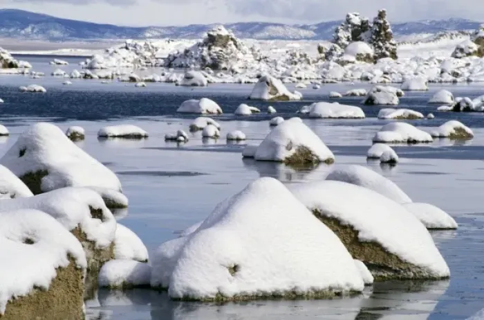 Framed Print : North America, USA, California, Mono Lake. Tufa formation covered with snow