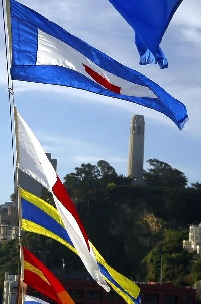 North America, USA, California, San Francisco. Coit Tower with nautical flags
