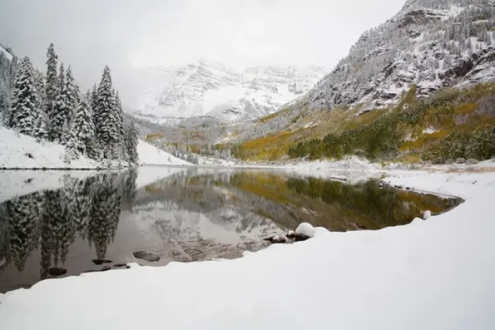 Framed Print : North America, USA, Colorado, Maroon Bells, Snow Covered Aspens and Firs With Reflections Framed Print : North America, USA, Colorado, Maroon Bells, Snow Covered Aspens and Firs With Reflections