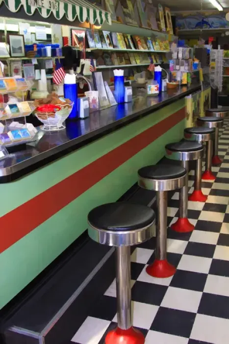 Framed Print : North America, USA, Florida; Apalachicola; Ice cream soda fountain with stools Framed Print : North America, USA, Florida; Apalachicola; Ice cream soda fountain with stools