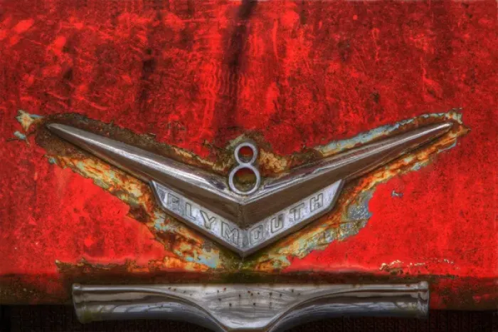 Framed Print : North America, USA, Georgia; Hood ornament on old rusted red Plymouth car at Old Framed Print : North America, USA, Georgia; Hood ornament on old rusted red Plymouth car at Old