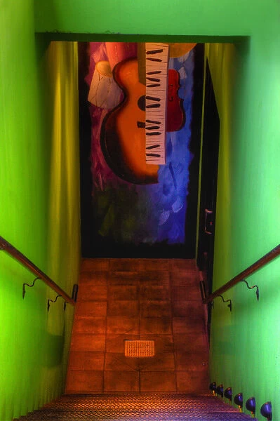 North America, USA, Georgia; Savannah; Painted musical mural at entrance to a restaurant