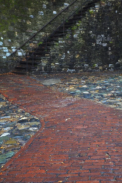 North America, USA, Georgia; Savannah; Stairs leading to cobblestone and brick walkway