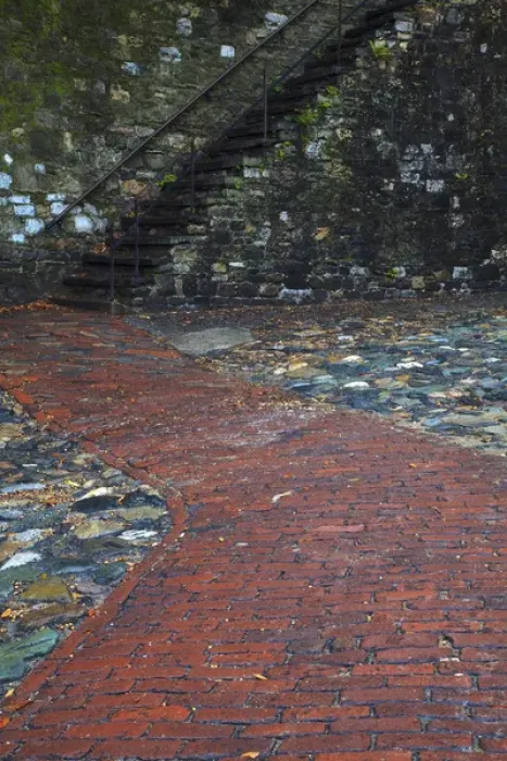 Framed Print : North America, USA, Georgia; Savannah; Stairs leading to cobblestone and brick walkway