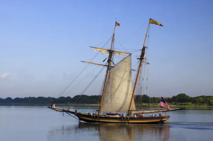 Framed Print : North America, USA, Georgia; Savannah; Tall wooden ship sails in the Savannah River